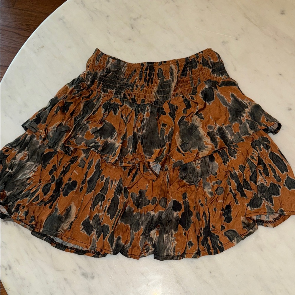 Sofia Ruffled Rayon/Viscose Mini Skirt. Colors are rust/green. One size. EUC.